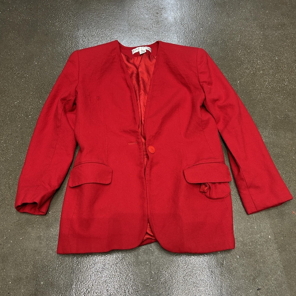 Vintage Evan-Picone Blazer Womens 8 Red Collarless One Button Lined Jacket 90s